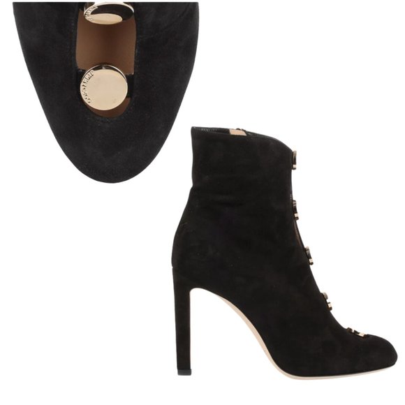JIMMY CHOO LORETTA BLACK SUEDE ANKLE BOOT, CUT-OUT FRONT & GOLD-TONED BUTTONS - Picture 8 of 15